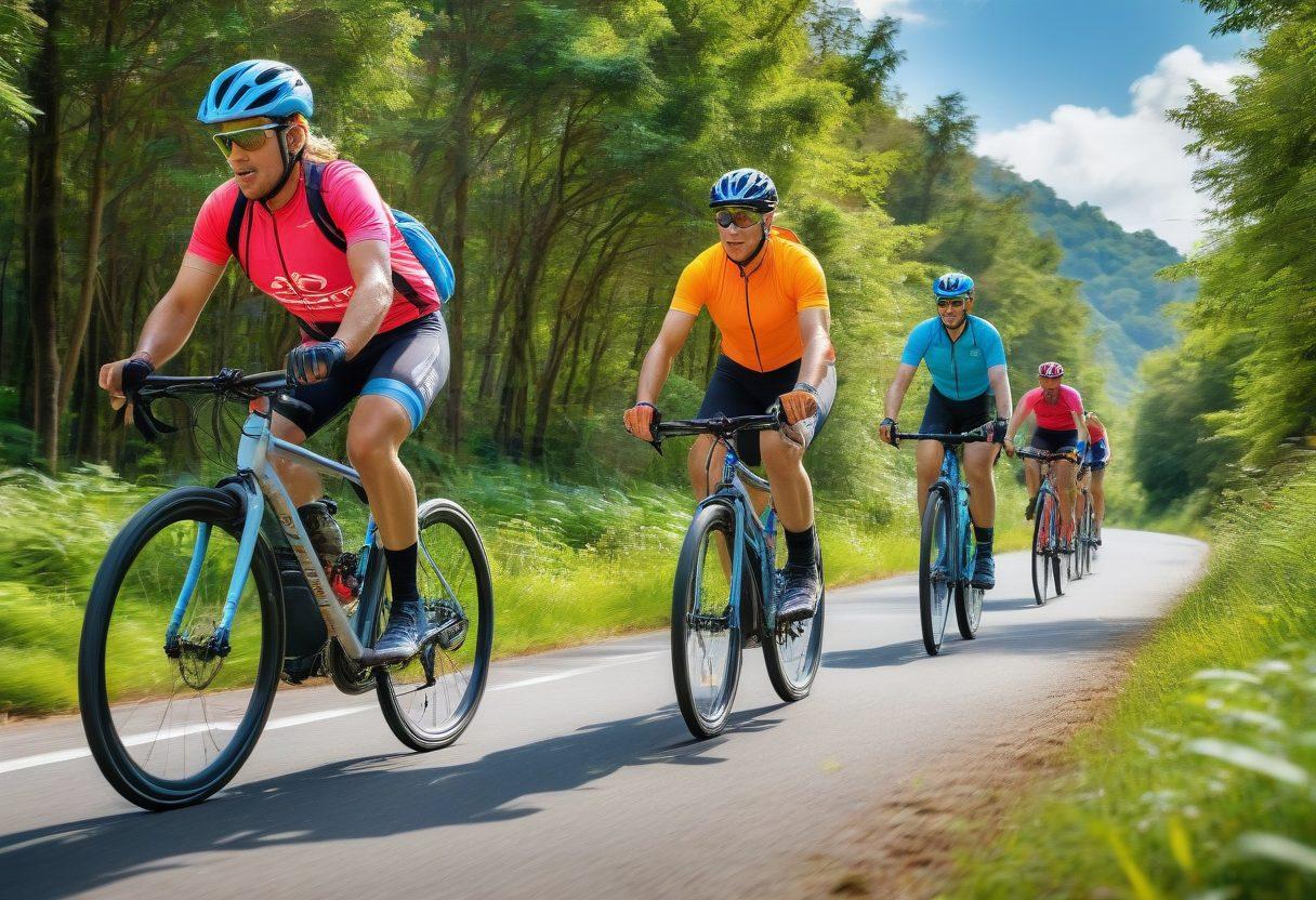 A vibrant and dynamic scene featuring a diverse group of cyclists on a winding trail, showcasing essential cycling gear like high-tech helmets, stylish jerseys, and innovative accessories such as smart glasses and multi-functional bike bags. The background includes lush greenery and a clear blue sky to convey the joy of outdoor cycling. Emphasize motion and excitement with colorful gear. super-realistic. vibrant colors. nature background.
