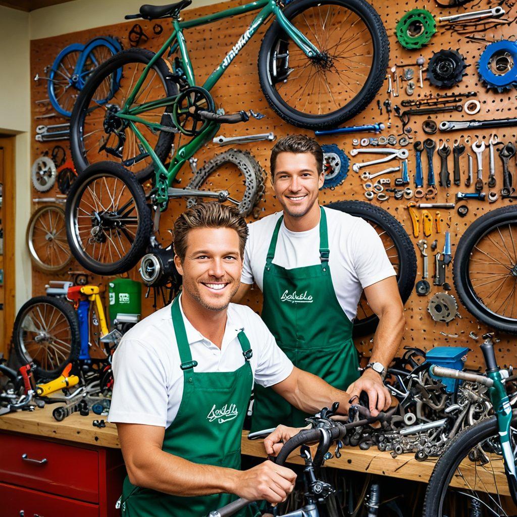 An enthusiastic mechanic working on a colorful bicycle in a bright workshop filled with tools and spare parts. Surround the mechanic with different bike components like tires, chains, and gear sets, all meticulously organized. Include a wall adorned with inspirational bike quotes and a small plant for a touch of greenery. Capture the essence of bike maintenance with vibrant colors and a sense of action. super-realistic. bright colors. energetic atmosphere.